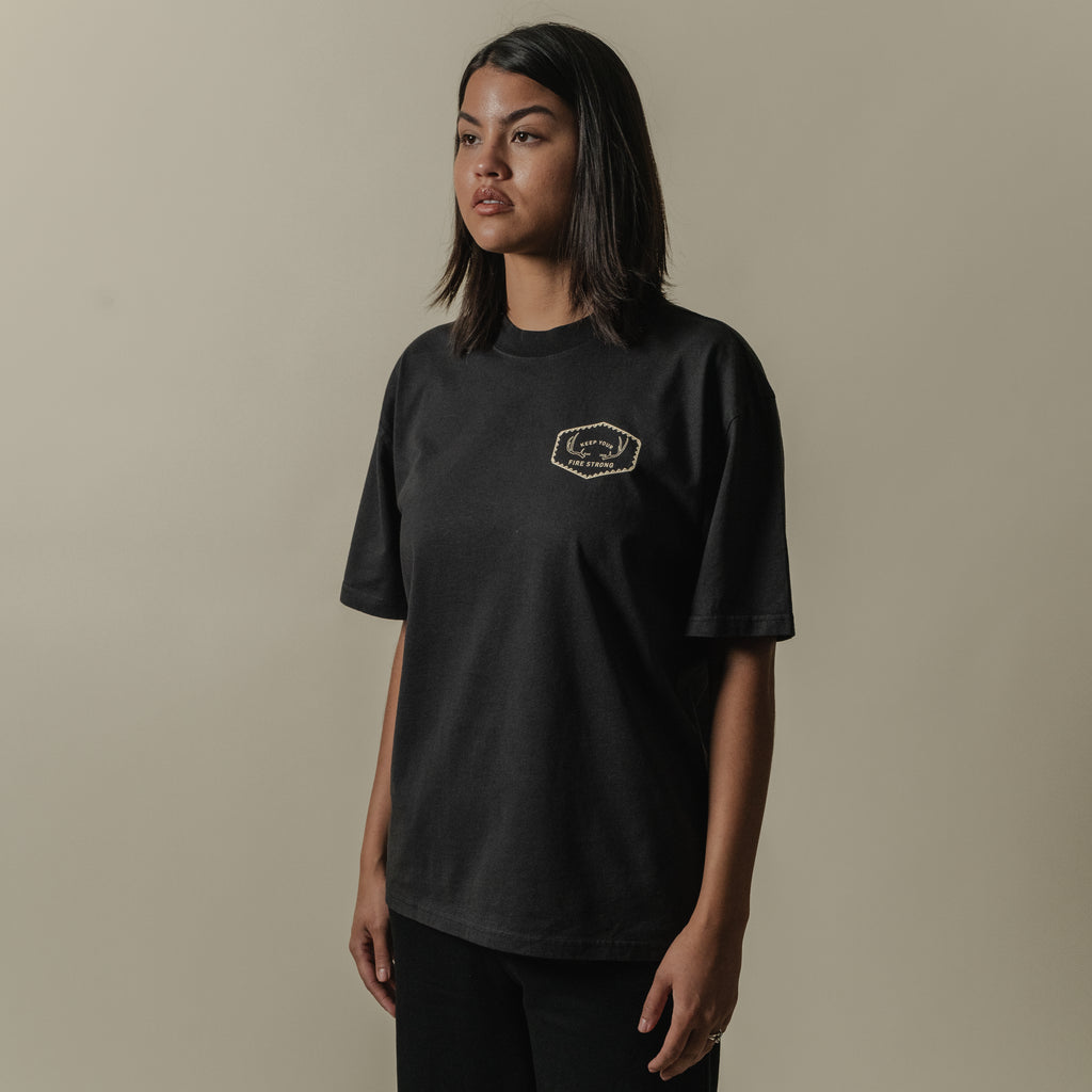 Keep Your Fire Strong -  “River Antler” Tee - Faded Black - 100% carded cotton