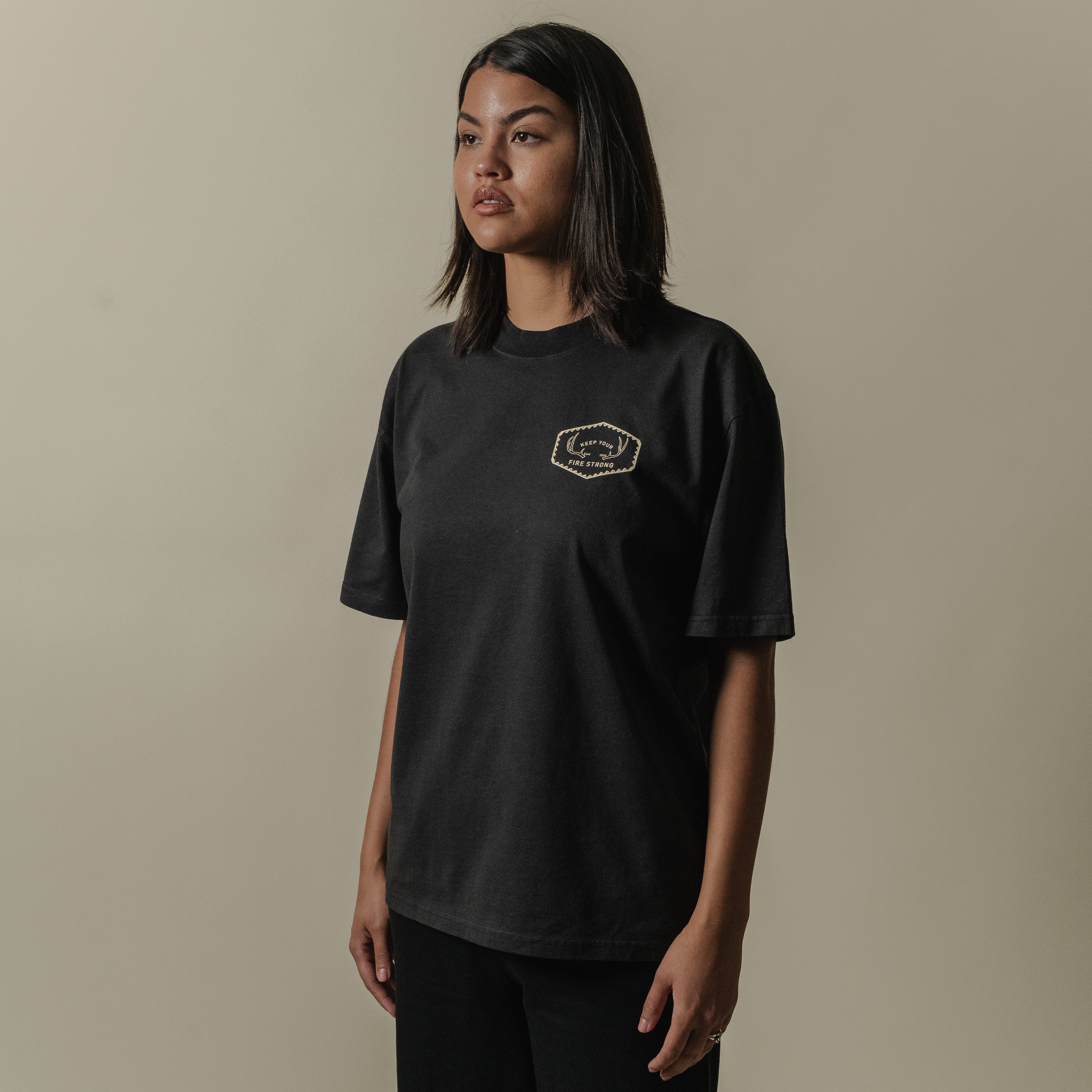 Keep Your Fire Strong -  “River Antler” Tee - Faded Black - 100% carded cotton
