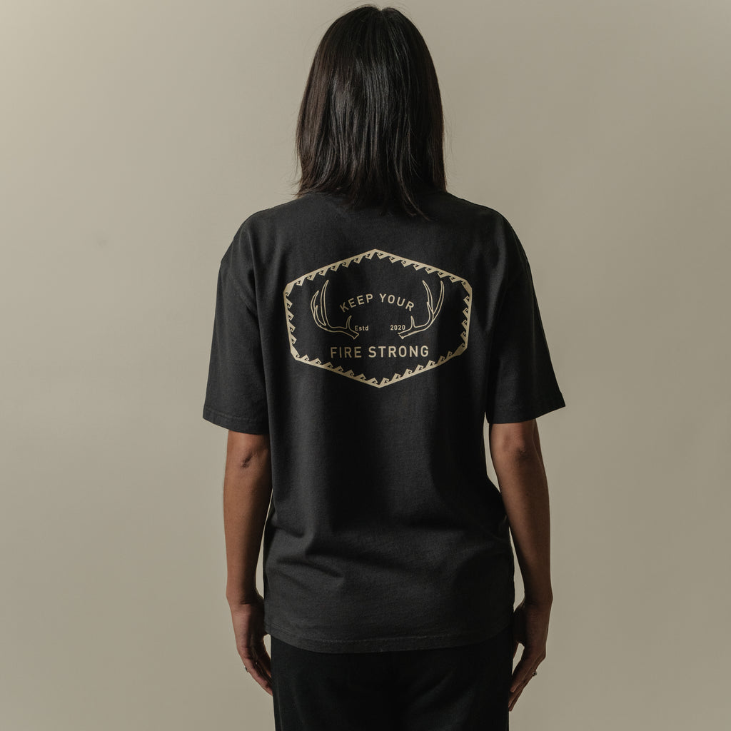 Keep Your Fire Strong -  “River Antler” Tee - Faded Black - 100% carded cotton