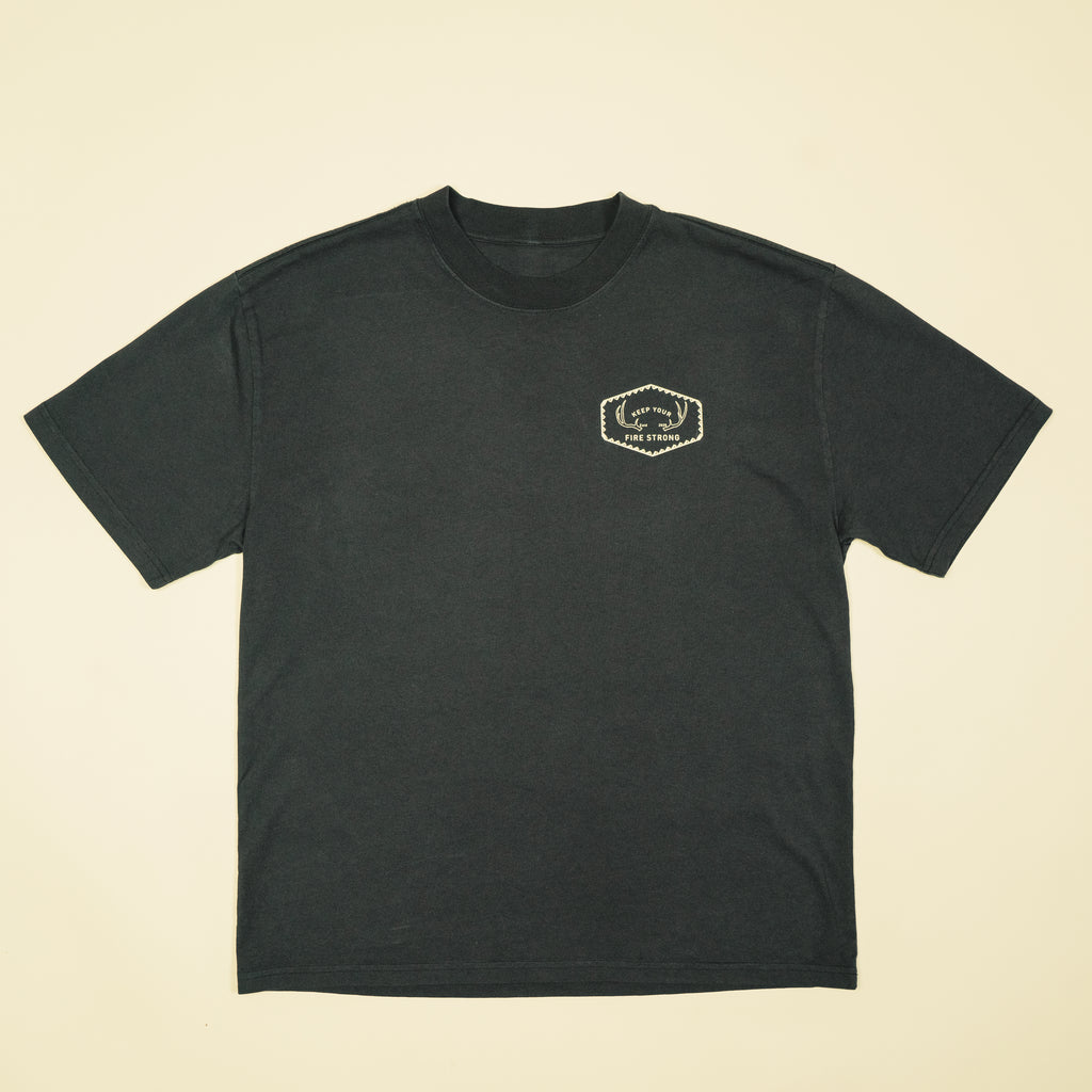 Keep Your Fire Strong -  “River Antler” Tee - Faded Black - 100% carded cotton