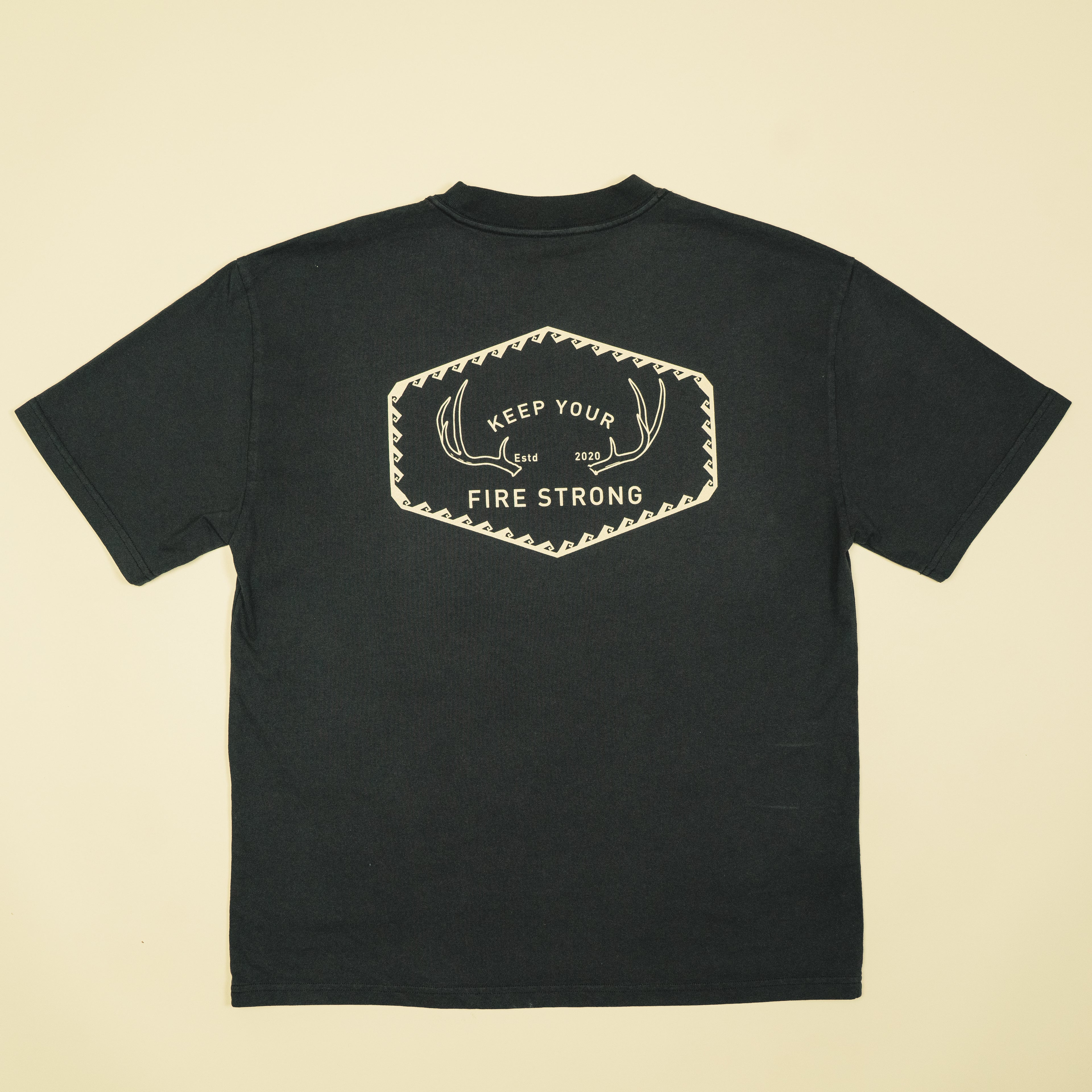 Keep Your Fire Strong -  “River Antler” Tee - Faded Black - 100% carded cotton