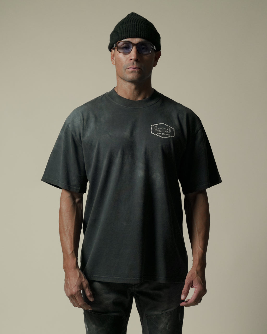Keep Your Fire Strong -  “River Antler” Tee - Faded Black - 100% carded cotton