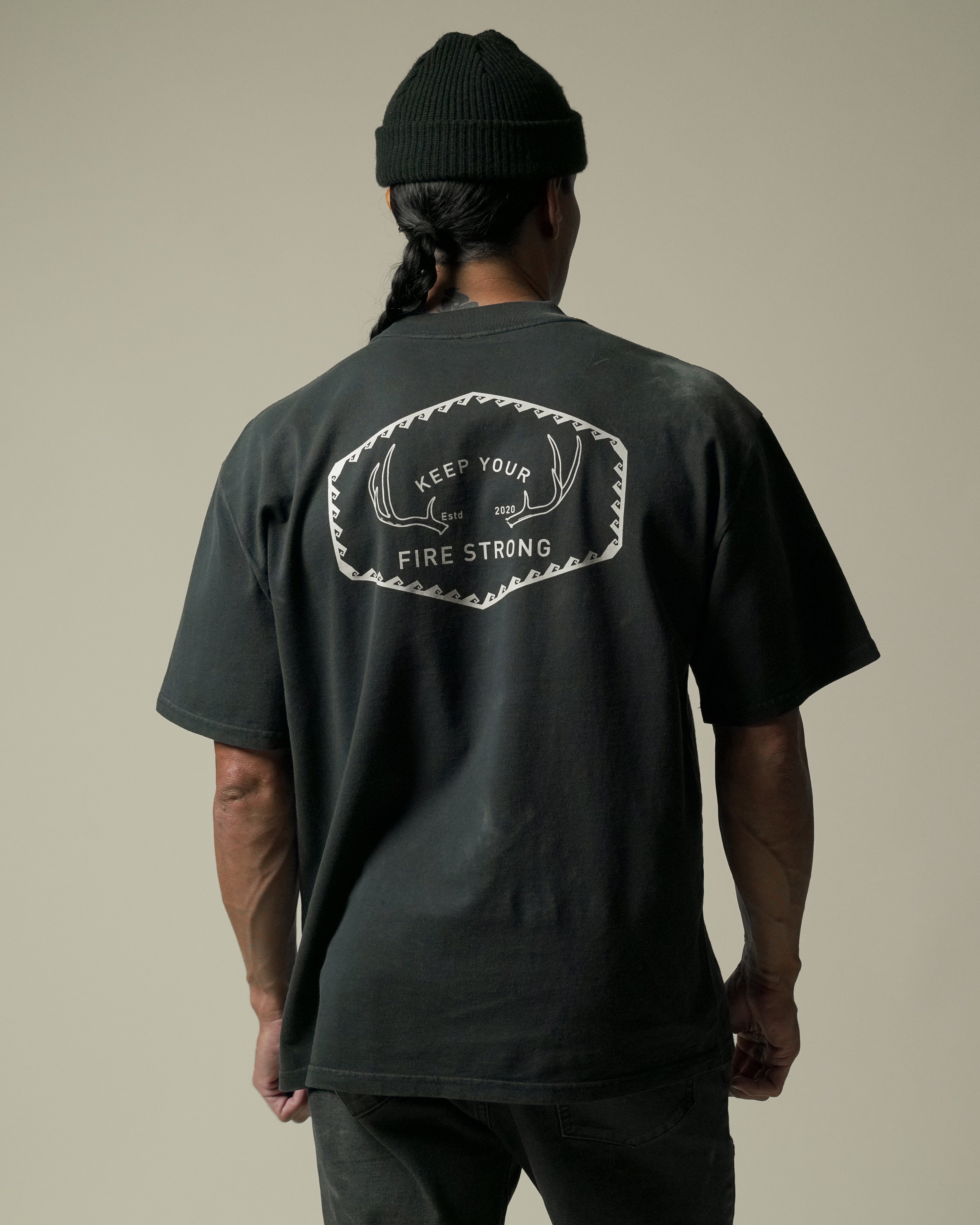 Keep Your Fire Strong -  “River Antler” Tee - Faded Black - 100% carded cotton